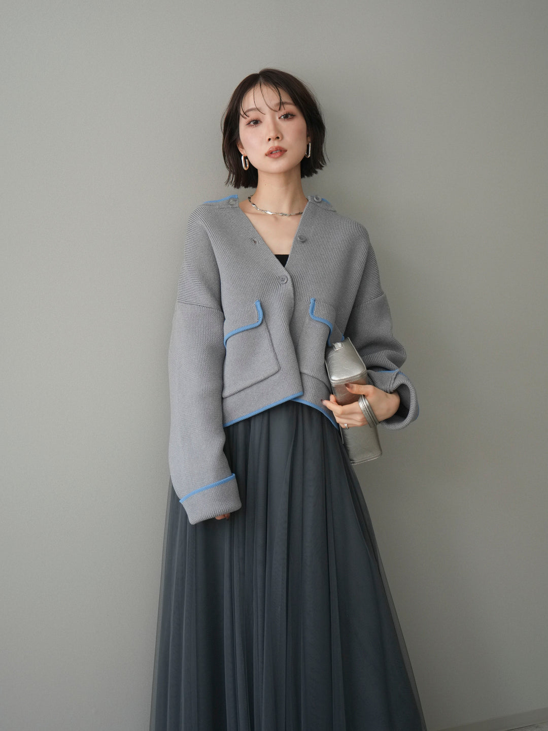 [SET]ポリエステル配色ニットカーディガン+ポリエステル配色ニットカーディガン(2set)