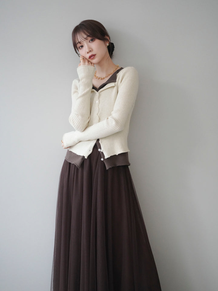 [予約]配色レイヤードリブニットカーディガン/ivory