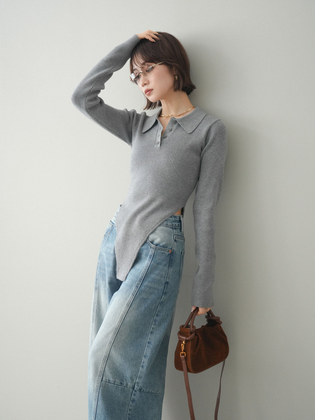 [予約]リブポロニットボディスーツ/mokugray