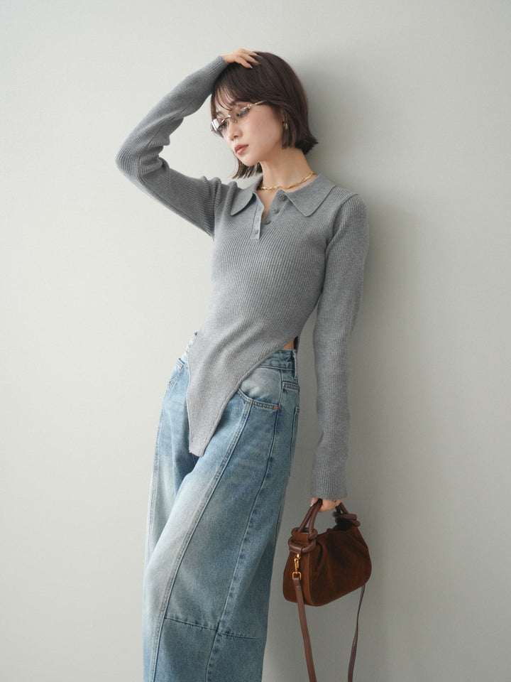 [予約]リブポロニットボディスーツ/mokugray