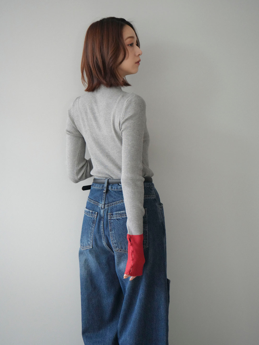 [予約]袖ボタンハイネック配色リブニットトップス/gray
