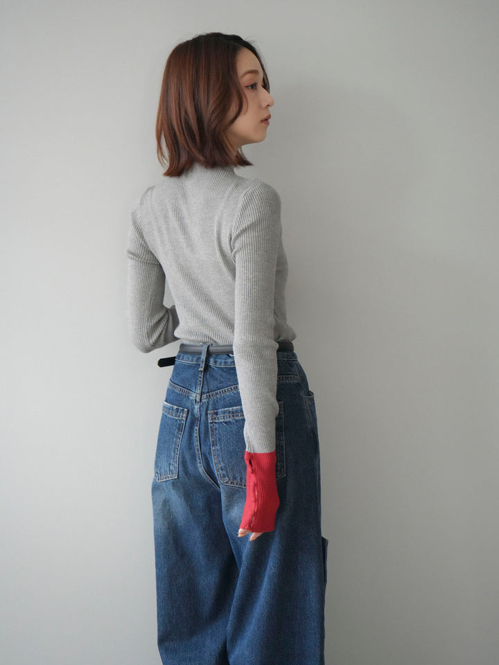 [予約]袖ボタンハイネック配色リブニットトップス/gray