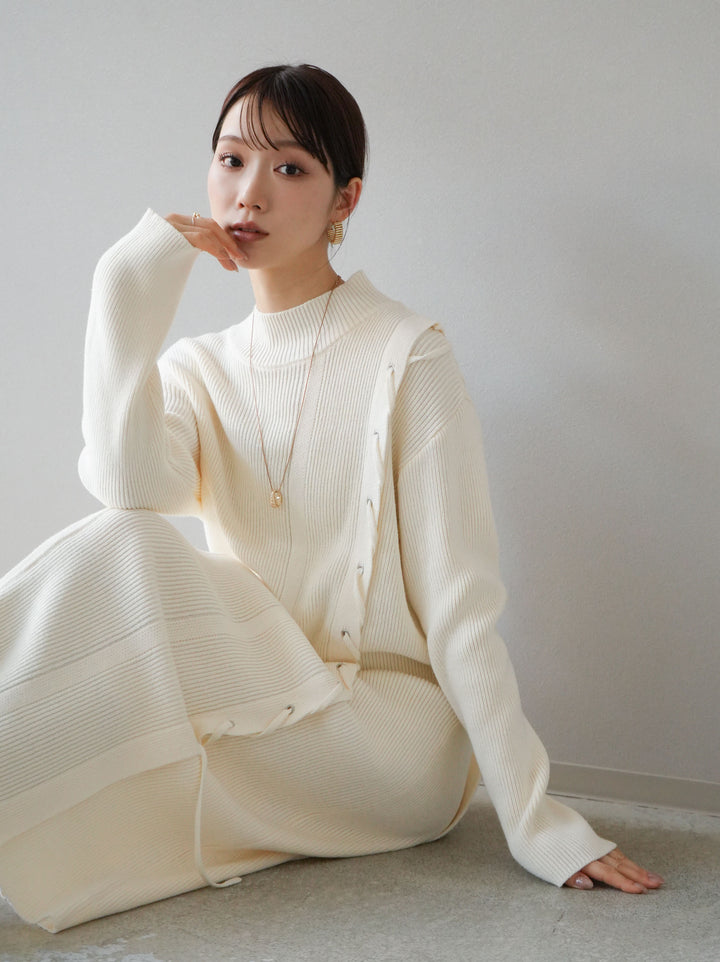 [SET] 不對稱繫帶高領針織連身裙 + 可選飾品套裝 (2套)