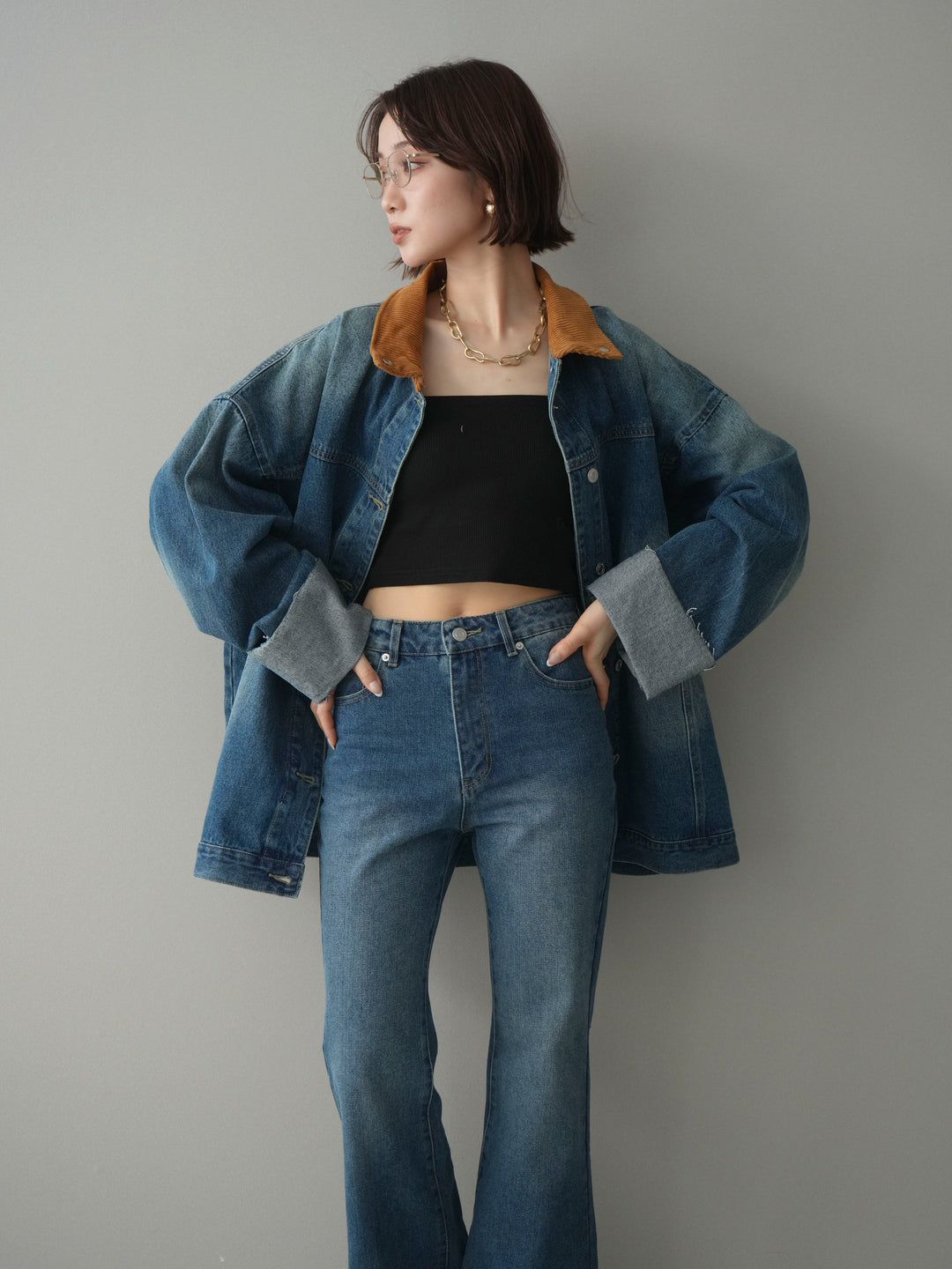 [SET]コーデュロイ×デニムミドルジャケット+フレアデニムパンツ(2set)