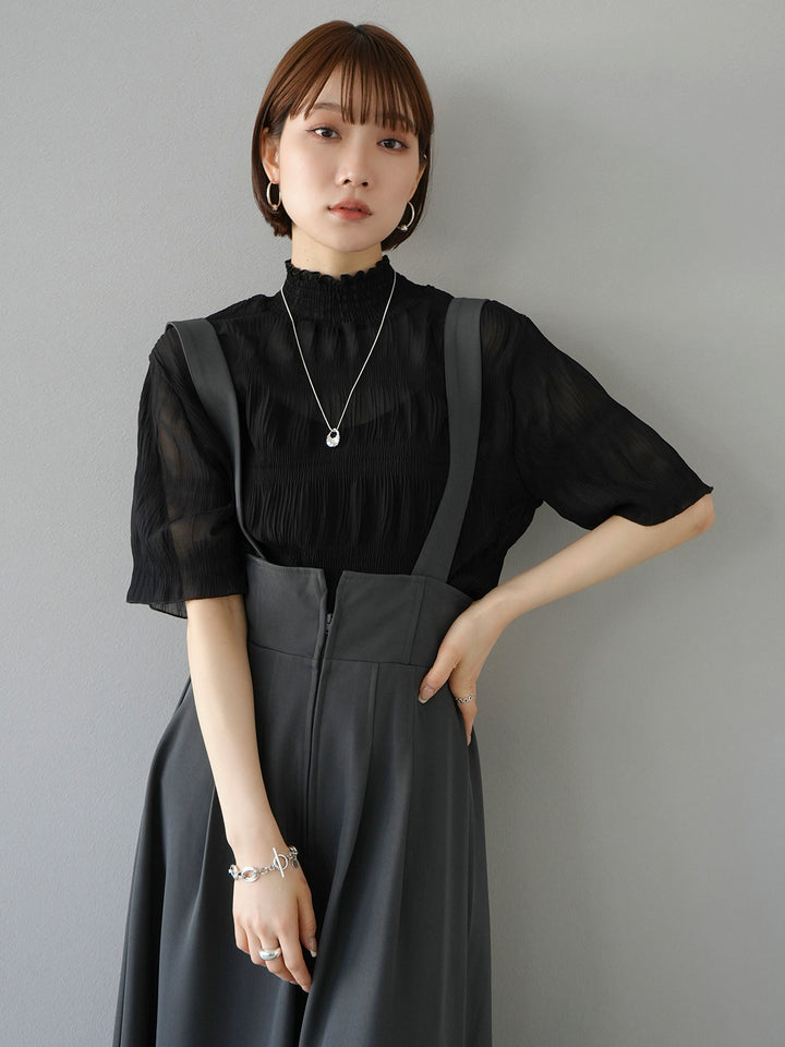 [SET] Shirring chiffon half sleeve blouse + 2WAY flare jumper skirt (2set)