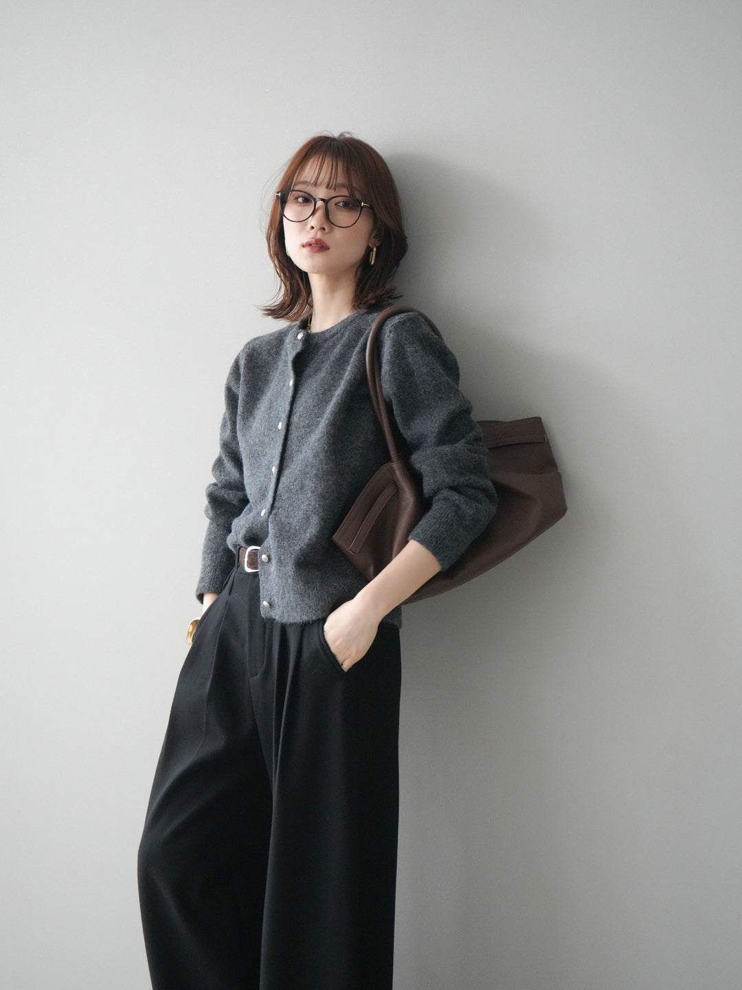 [SET]アンティークボタンニットカーディガン+アニマル柄ベルト付きウールタッチワイドパンツ(2set)