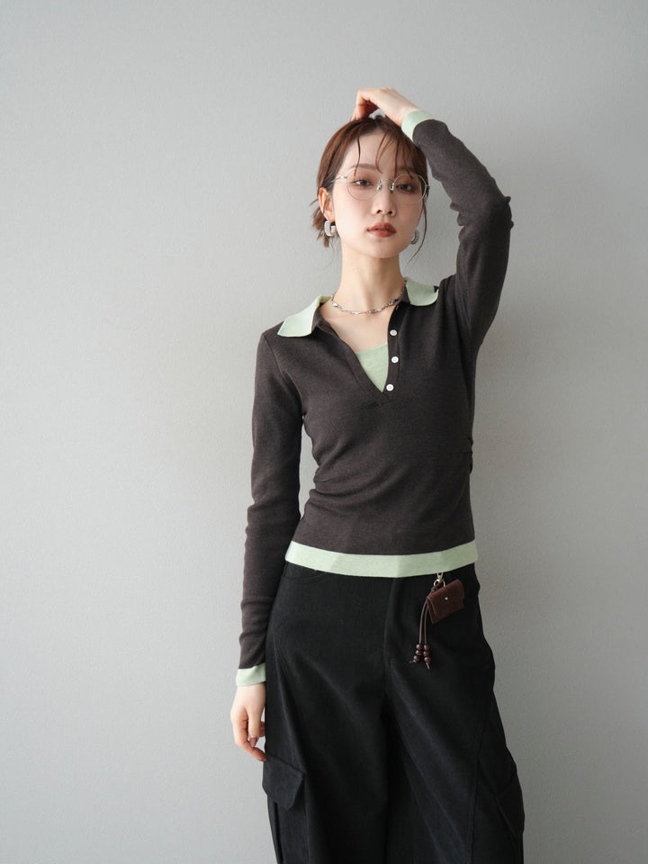 [予約]レイヤード配色ポロニットトップス/darkbrown