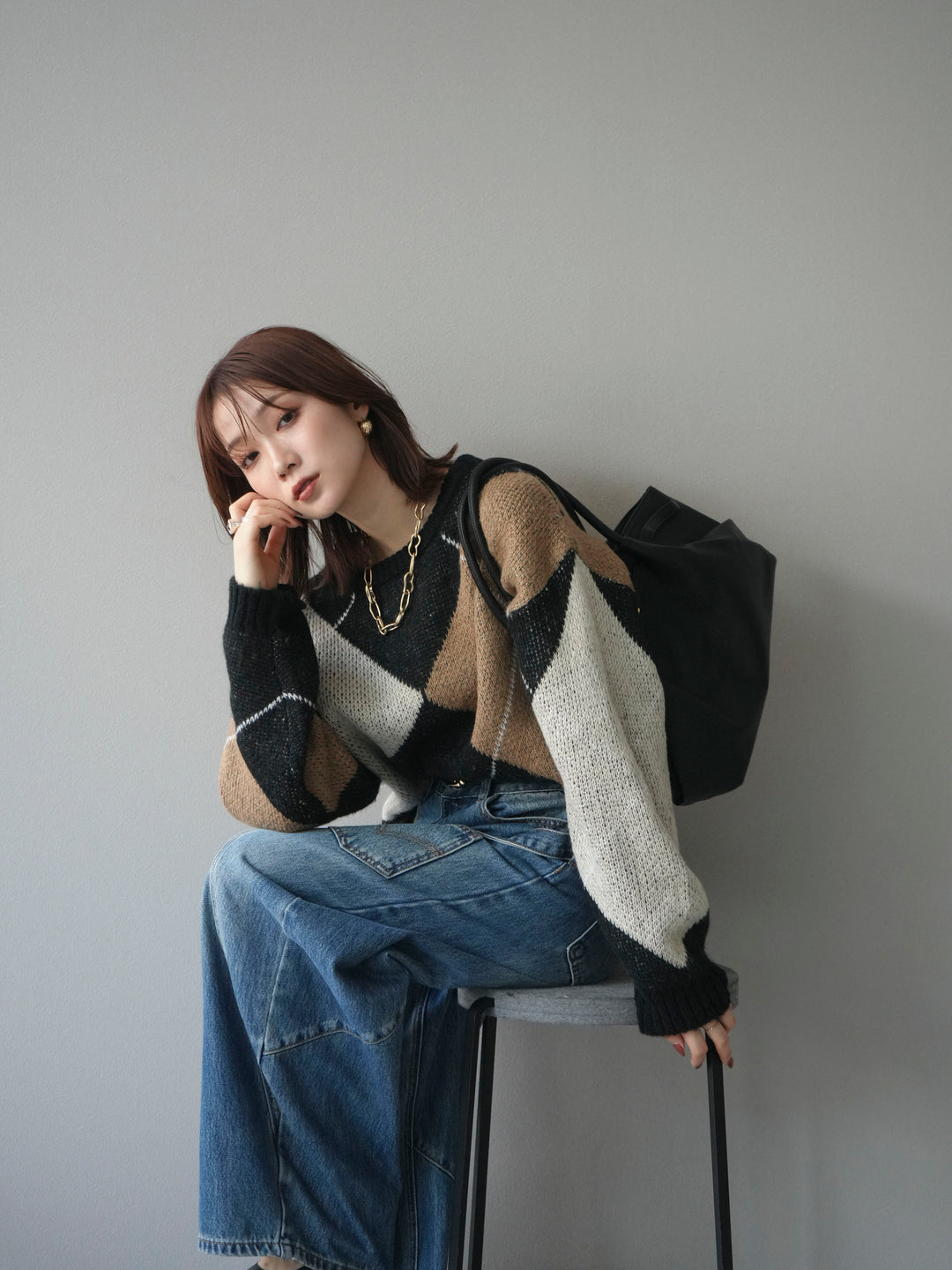 [予約]配色ステッチアーガイル柄ニットプルオーバー/black