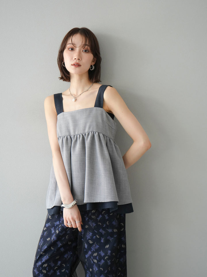 [SET]リネンライク配色フレアタンクトップ+コード刺繍チュールレイヤードパンツ+ブーケプリントタックパンツ(3set)