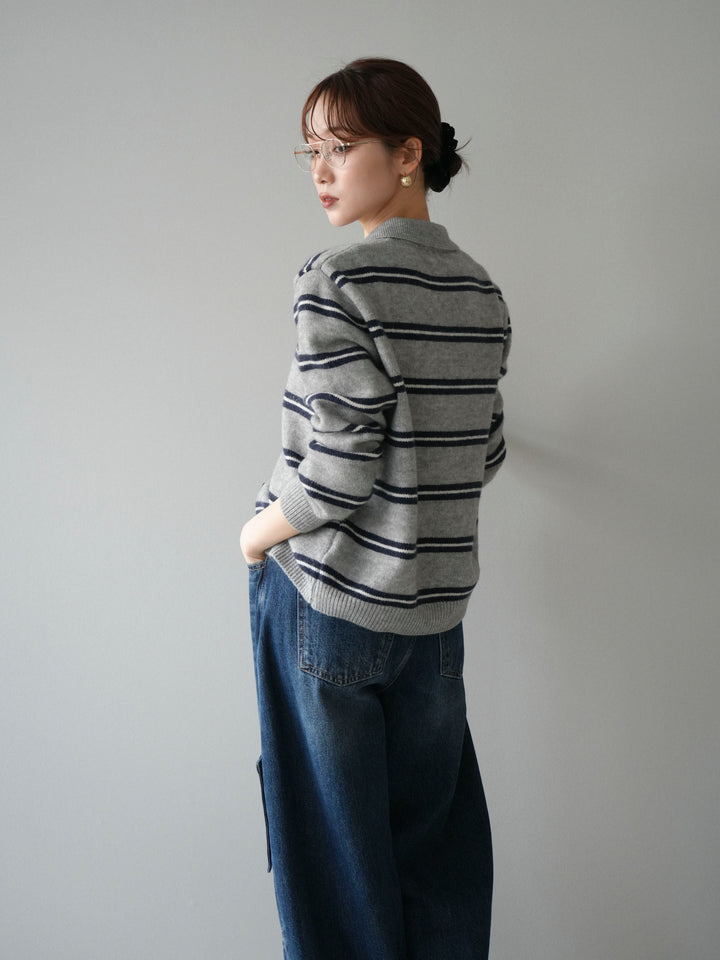 [予約]ボウタイボーダーニットカーディガン/gray