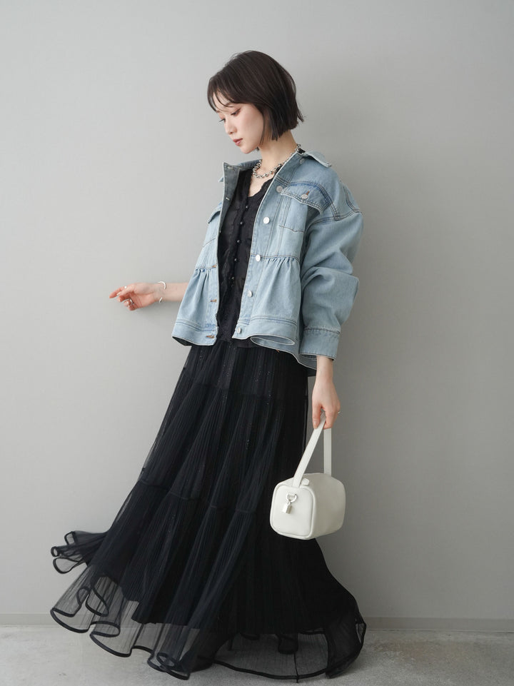 【套裝】荷葉邊牛仔外套+無袖緞面蕾絲吊帶背心+亮片褶皺多層薄紗長裙（三件套）