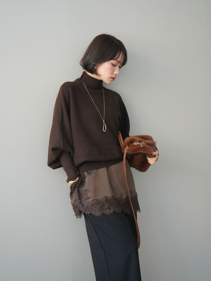 【預購】寬鬆蝙蝠高領針織套頭衫 / 棕色