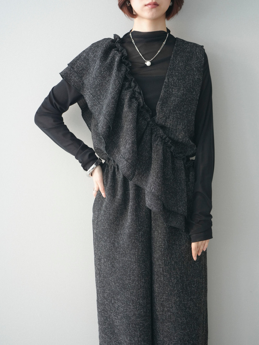 [SET]3WAYミックスツイードギャザーオールインワン+シアープチネックストレッチトップス(2set)