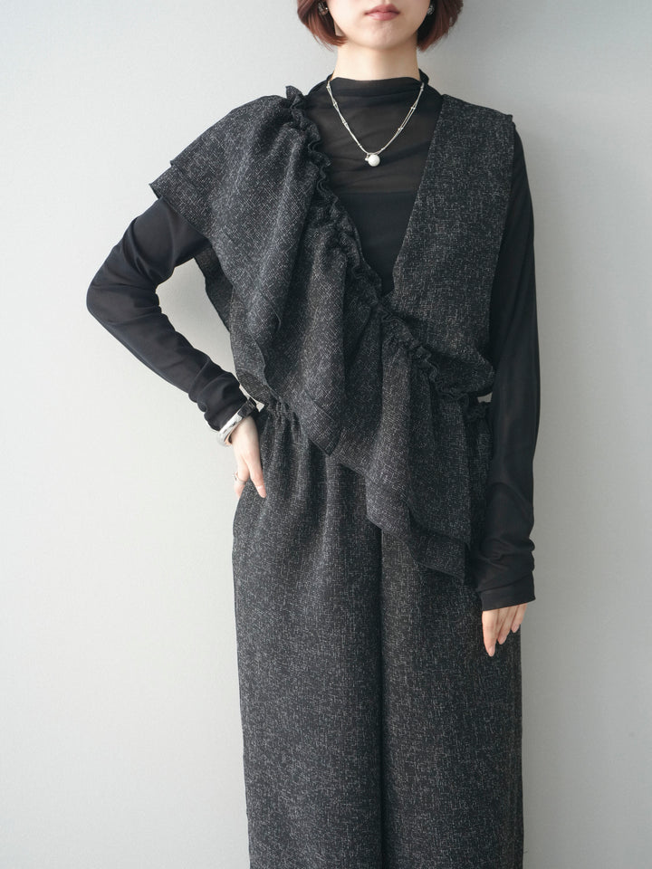[SET]3WAYミックスツイードギャザーオールインワン+シアープチネックストレッチトップス(2set)