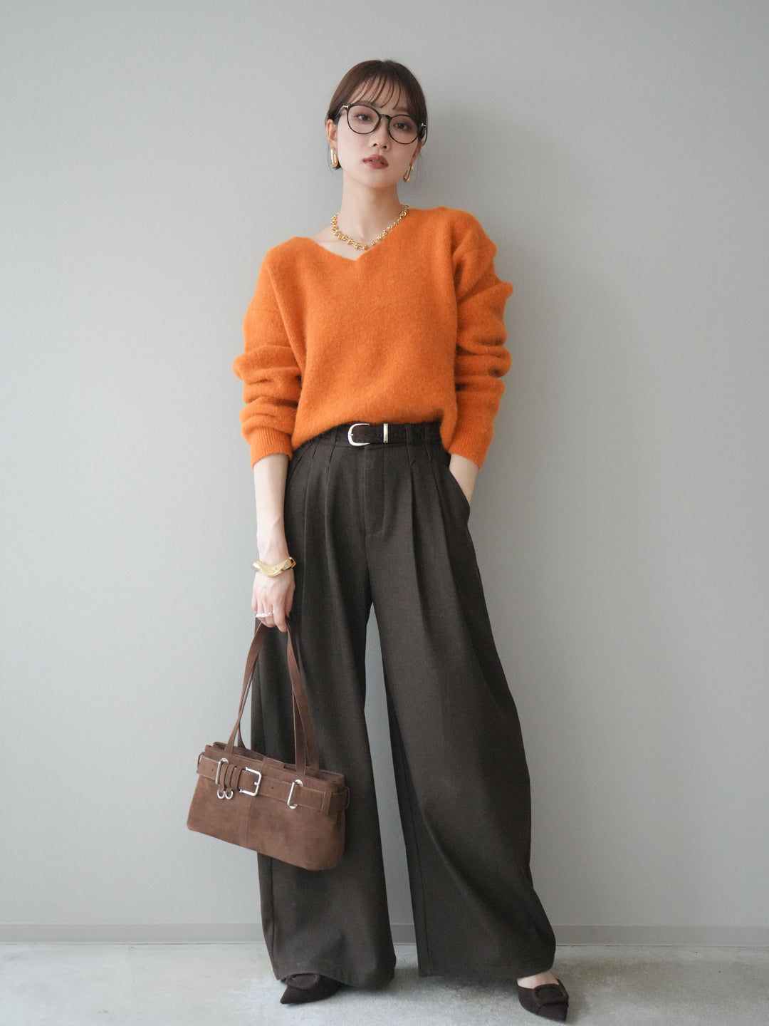 [SET]アニマル柄ベルト付きウールタッチワイドパンツ+アニマル柄ベルト付きウールタッチワイドパンツ(2set)