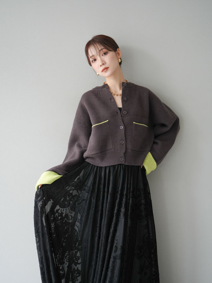 [SET]バイカラーオーバーニットカーディガン+アンティーク柄フロッキーマキシスカート(2set)