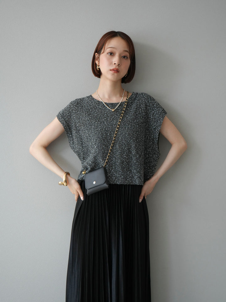 [SET]ネップヤーンクロップドニットベスト+サテンプリーツマキシスカート(2set)
