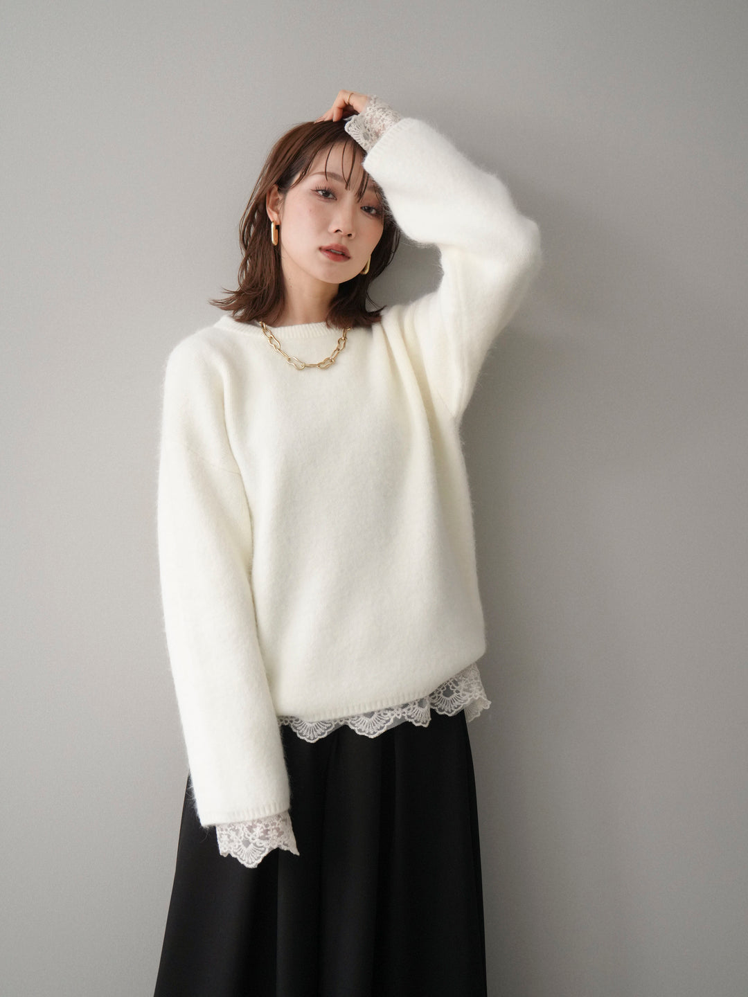 [SET]アンゴラタッチクルーネックニットプルオーバー+チュールレーストップス(2set)