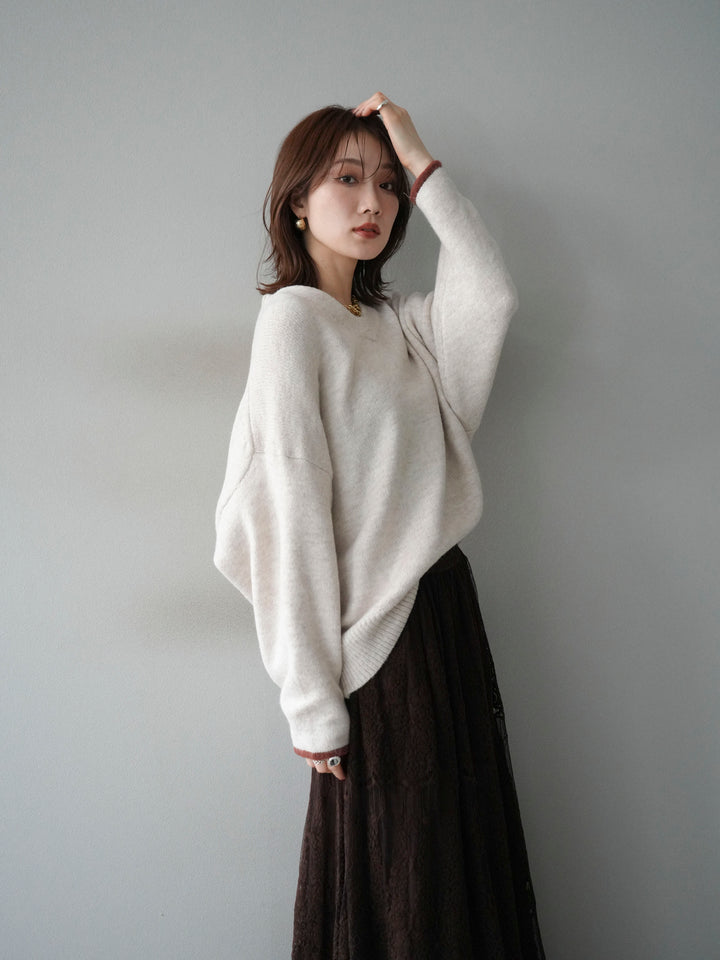 [SET]Vネック配色スリーブニットプルオーバー+選べるアクセセット(2set)