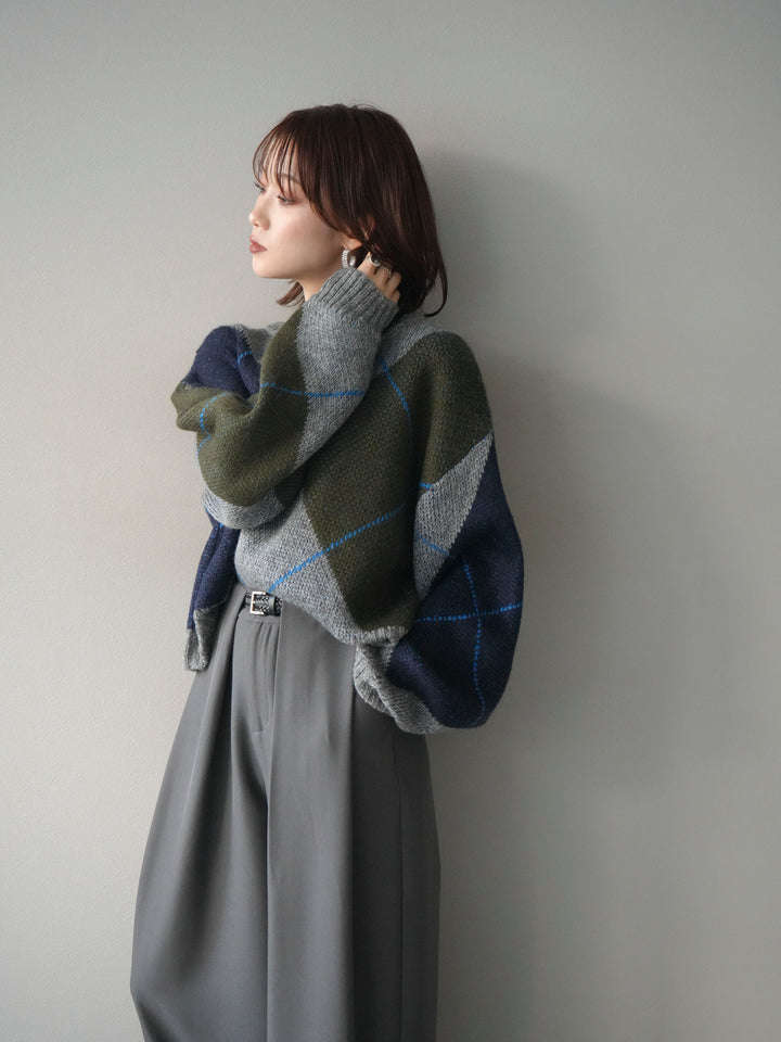 [予約]配色ステッチアーガイル柄ニットプルオーバー/gray