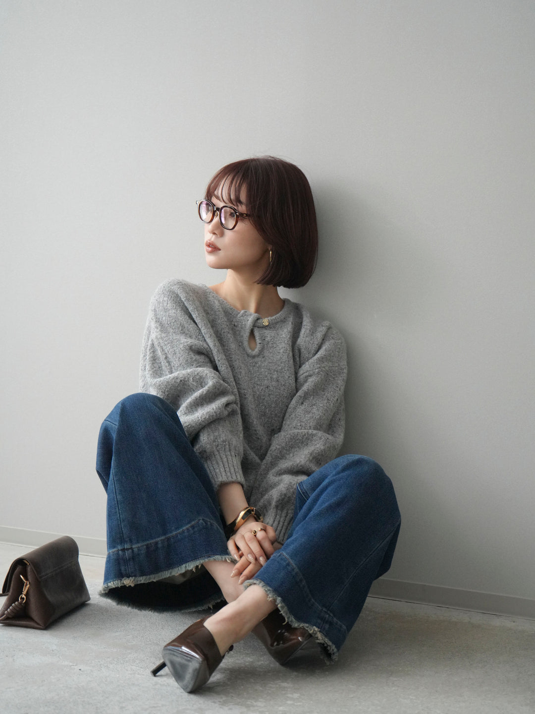 [SET]ツイストネックラメネップヤーンニットプルオーバー+選べるアクセセット(2set)