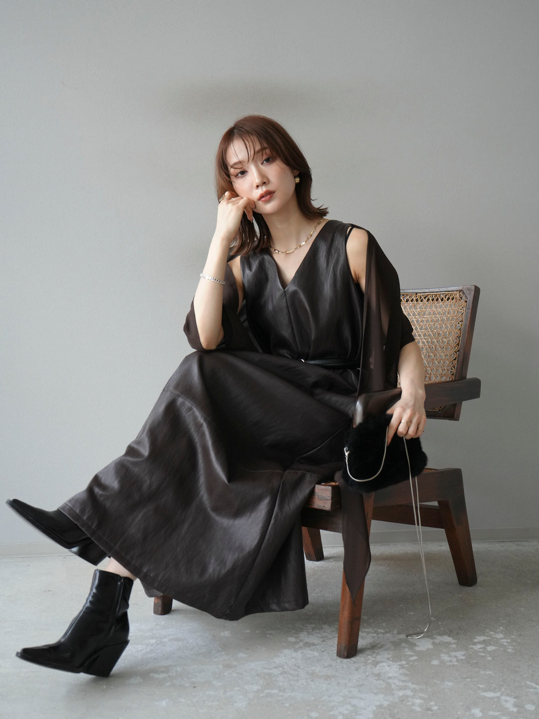 [予約]レザーAラインワンピース/ブラウン