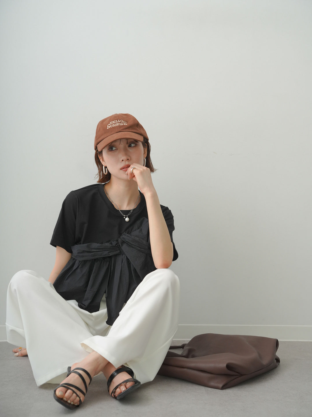 [SET]ナイロンドッキングツイストTEE +アシンメトリーベルトタックワイドパンツ(2set)