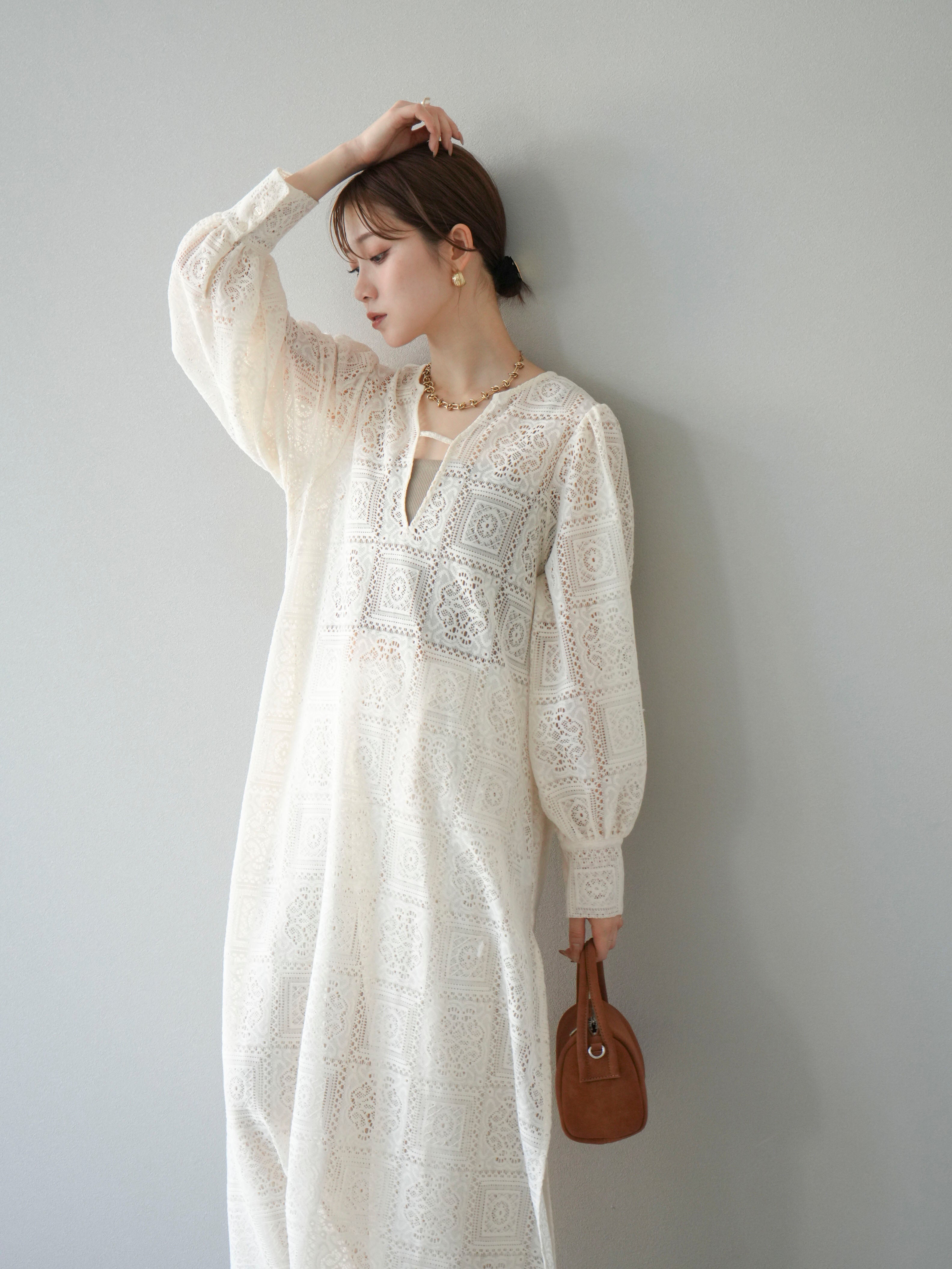 SET]ブロックレースボリュームスリーブワンピース+ブロックレース