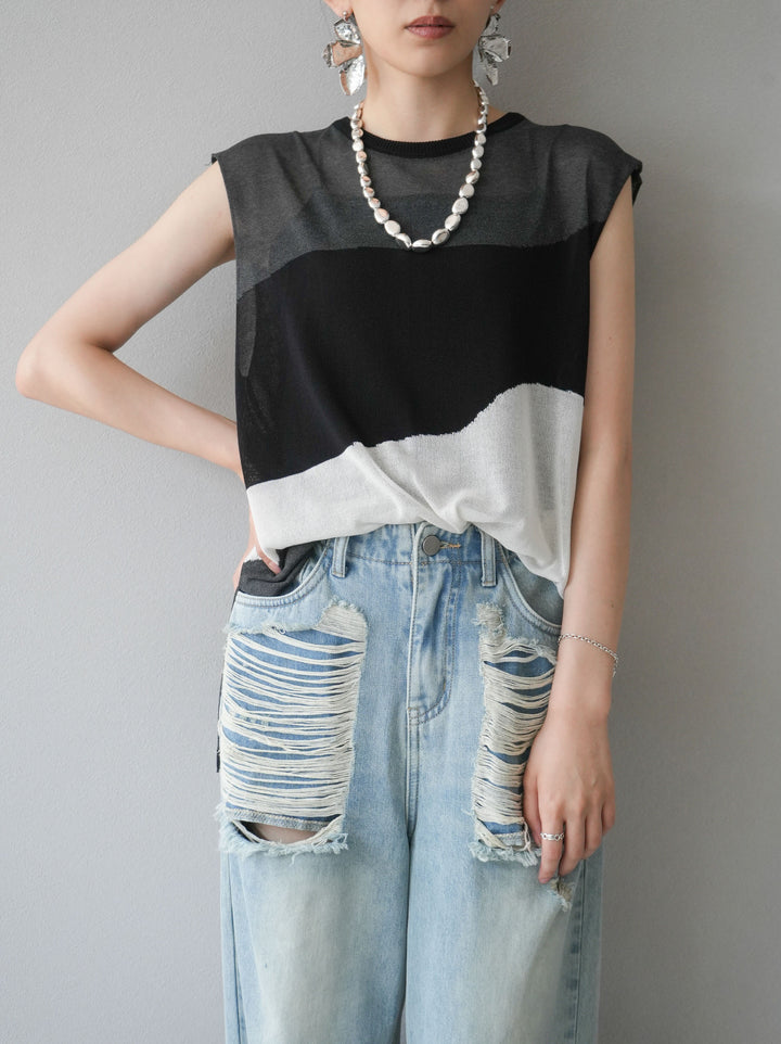 [Pre-order] Bicolor sheer knit sleeveless top/black