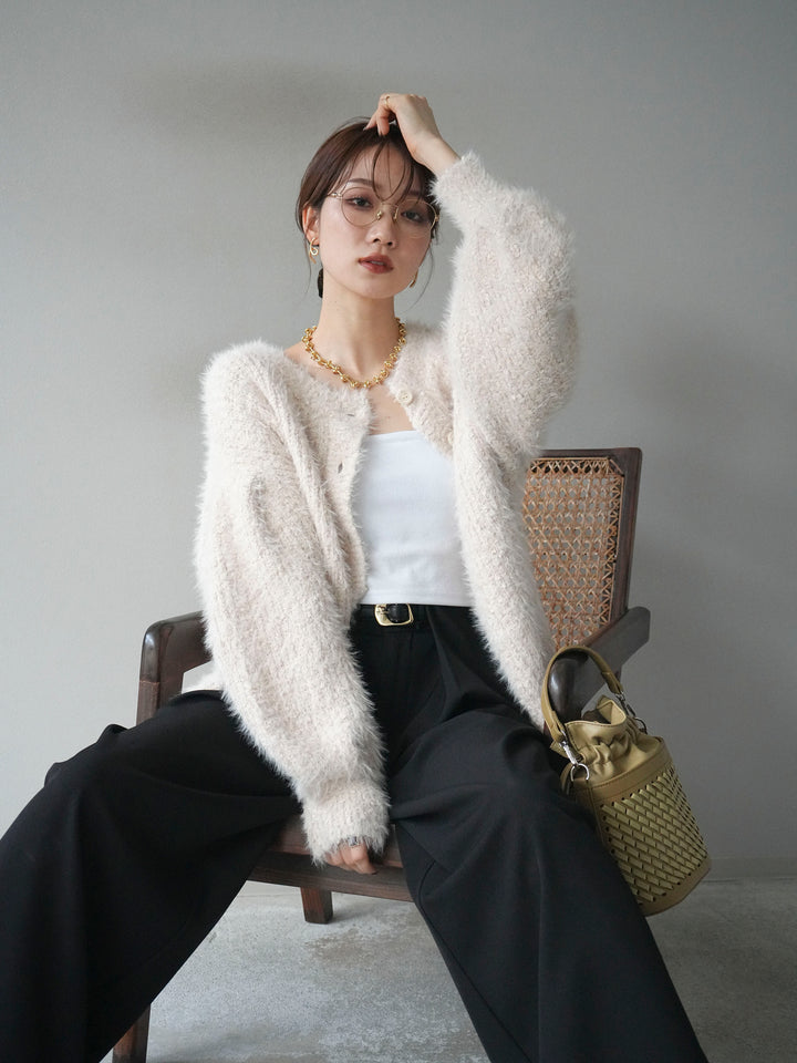 [預購] 圓領隨機毛絨開襟衫/本色