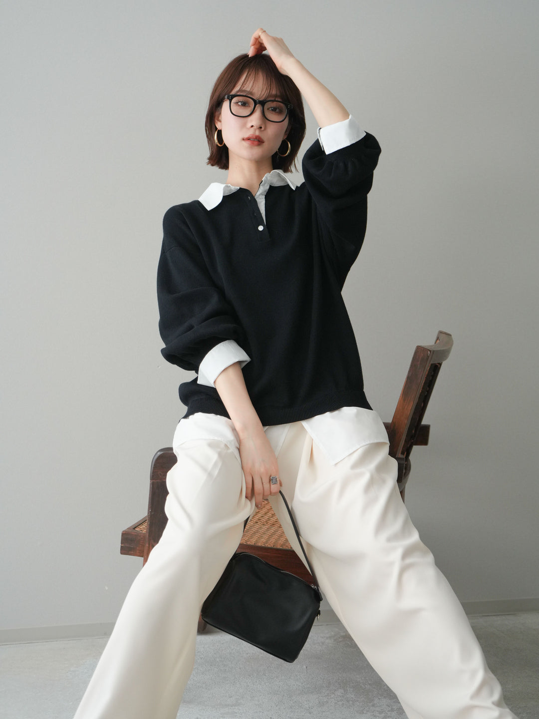 [予約]シャツドッキングオーバーニットプルオーバー/blackoff