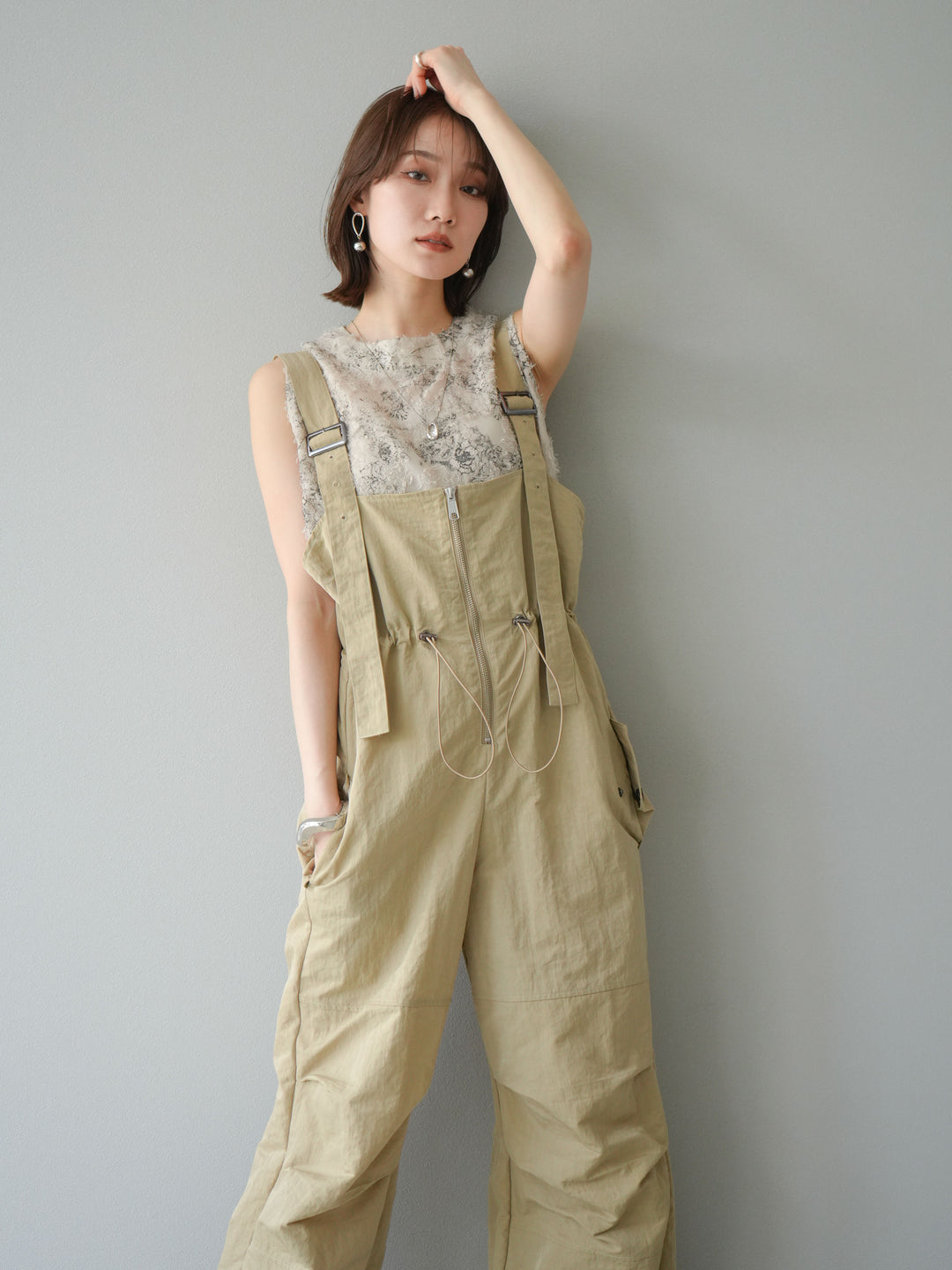 [予約]ナイロンタックデザインサロペット/ベージュ