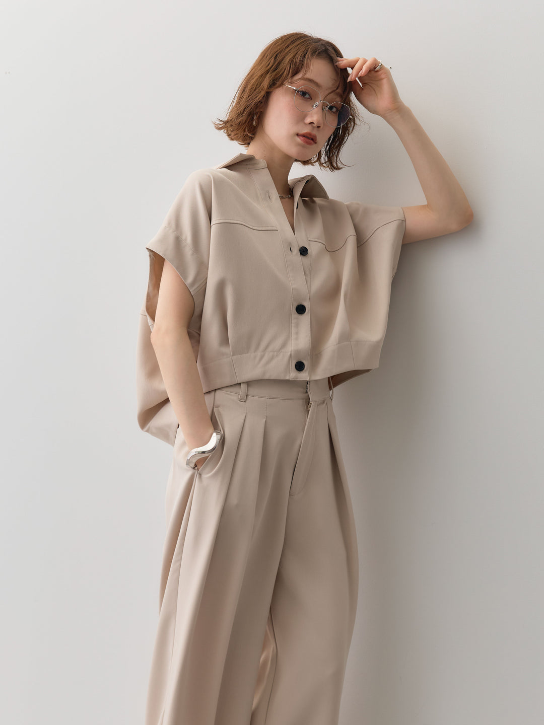 【套裝】縐綢燈籠無袖襯衫 + 縐綢闊腿褲（兩件套）