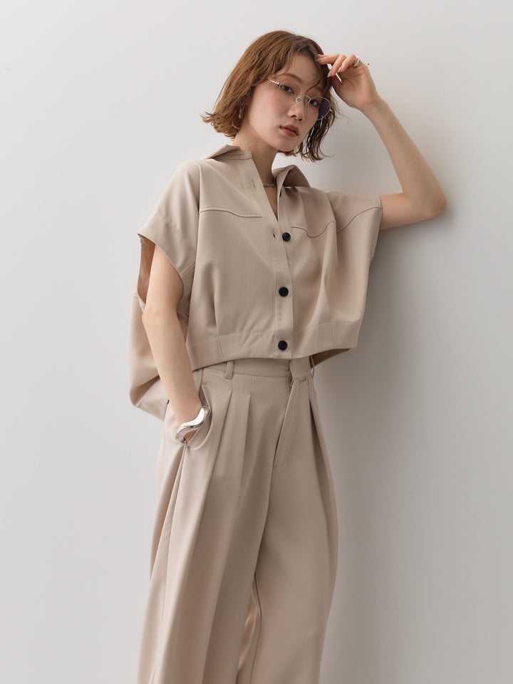 【套裝】縐綢燈籠無袖襯衫 + 縐綢闊腿褲（兩件套）
