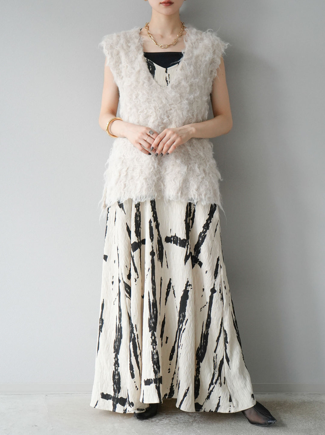 [予約]ウール混ミックスヤーンニットベスト/アイボリー