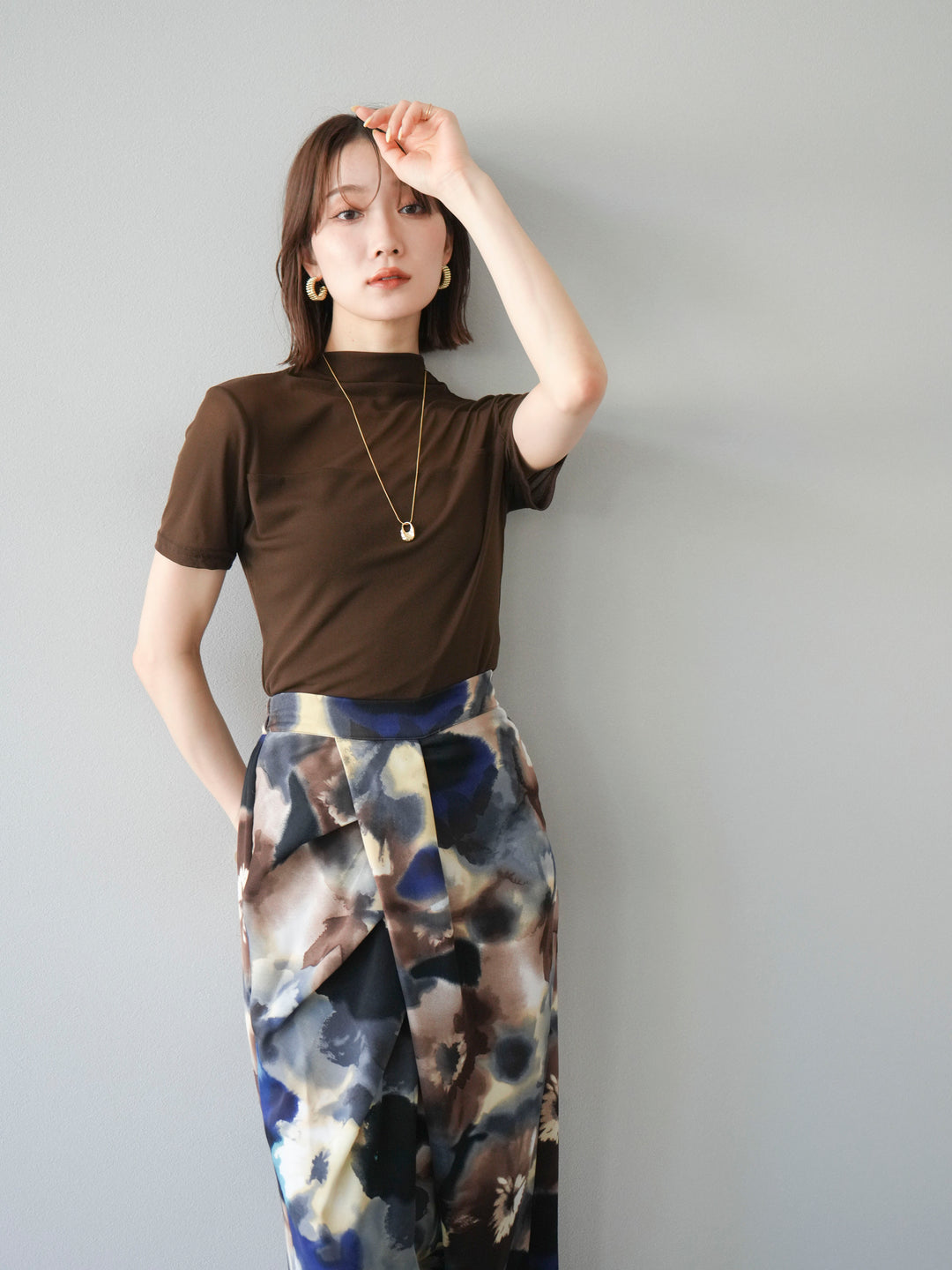 [SET] 透視半袖上衣 + 水彩印花褶襉I字裙 (2set)