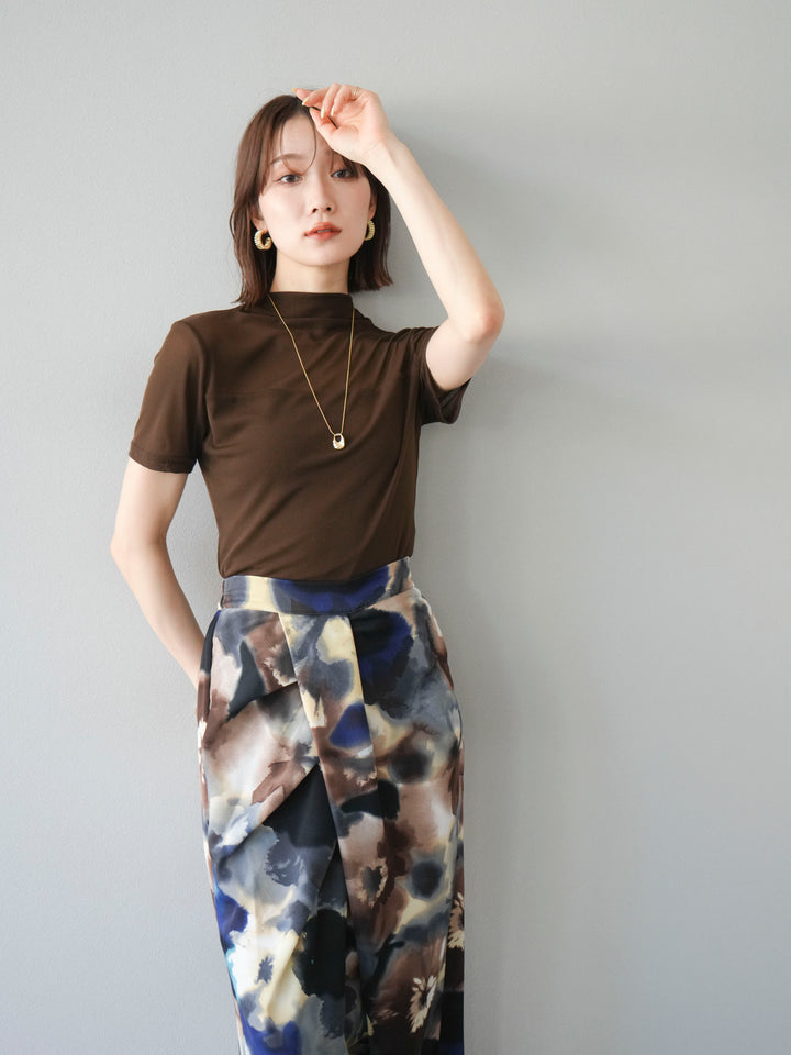 [SET] 透視半袖上衣 + 水彩印花褶襉I字裙 (2set)