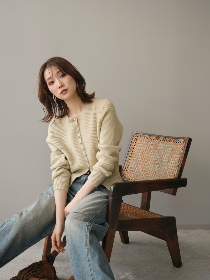 [予約]シルバーボタン畦編みニットカーディガン/ivory