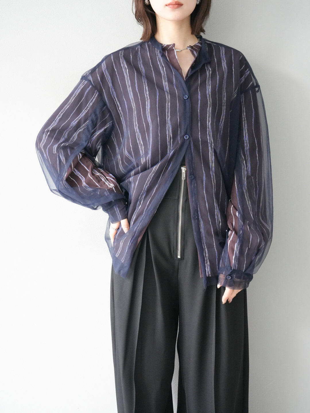 [予約]2WAYスリーブチュールシャツ/ネイビー