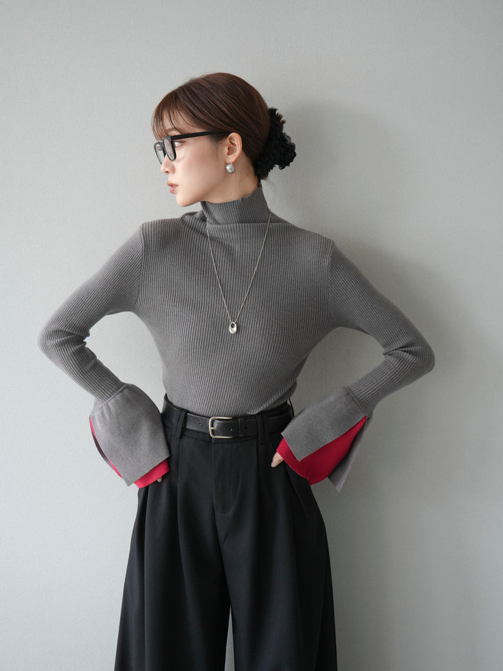 [SET] 疊層喇叭袖高領針織上衣 + 雙褶寬褲 (2 套)