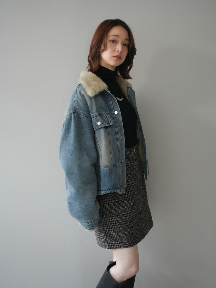 [予約]デニム×ファーステンカラーショートジャケット/lightblue
