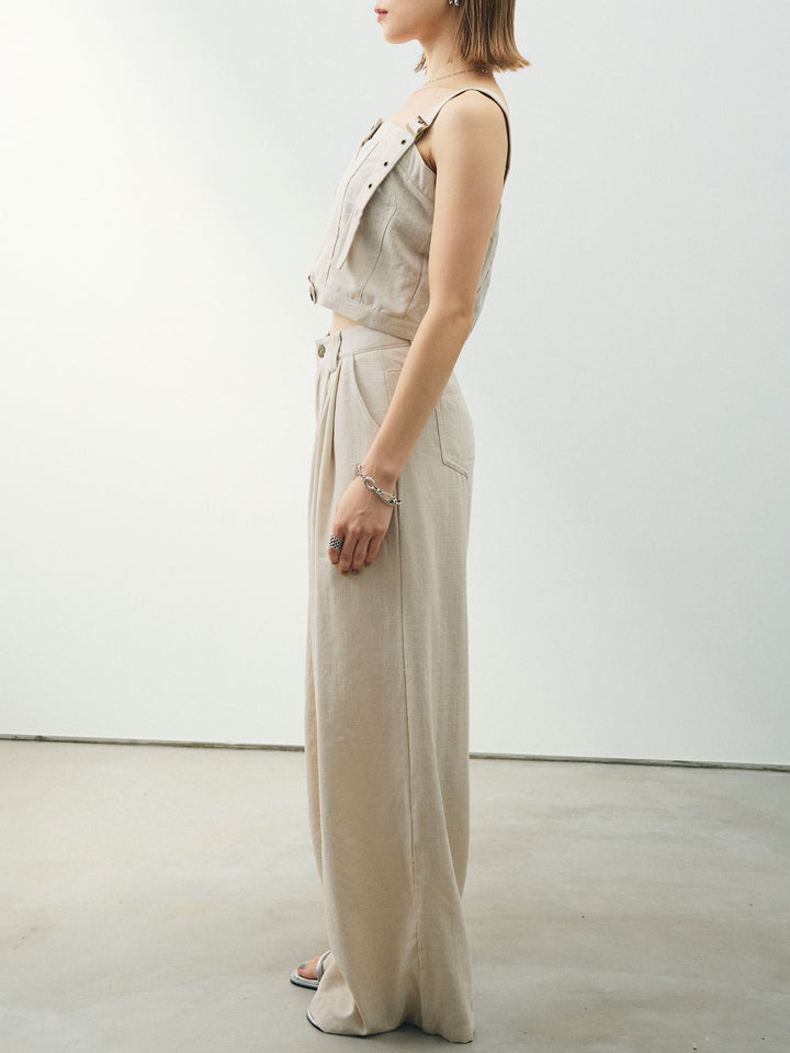 [SET] 亞麻感緊身胸衣＆寬褲套裝（2件套）