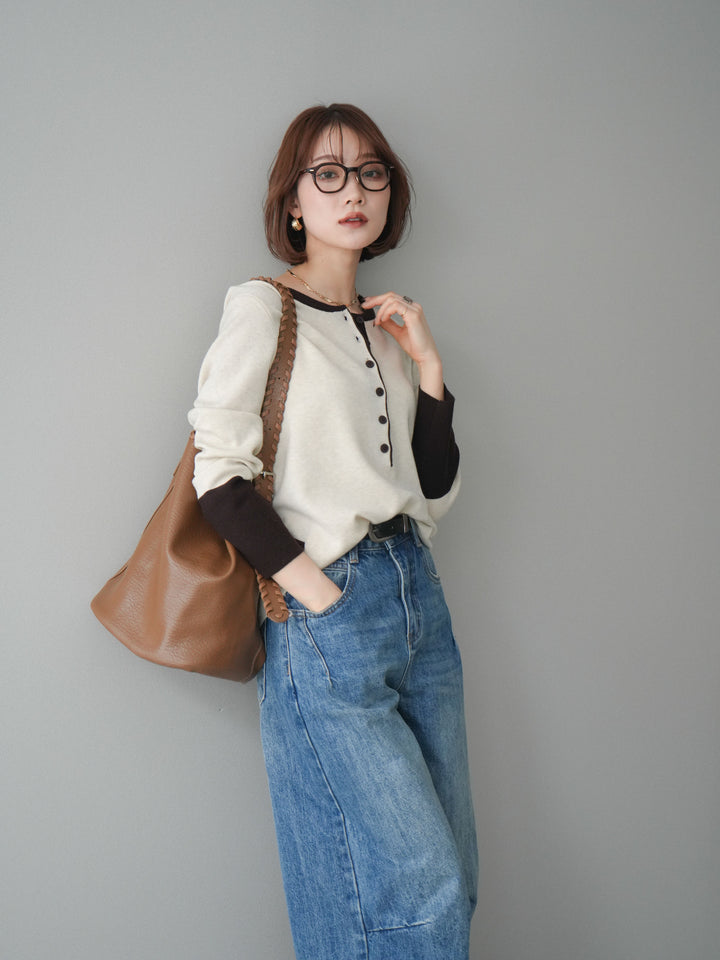 [SET]ヘンリーネック配色ニットソー+ヘンリーネック配色ニットソー(2set)