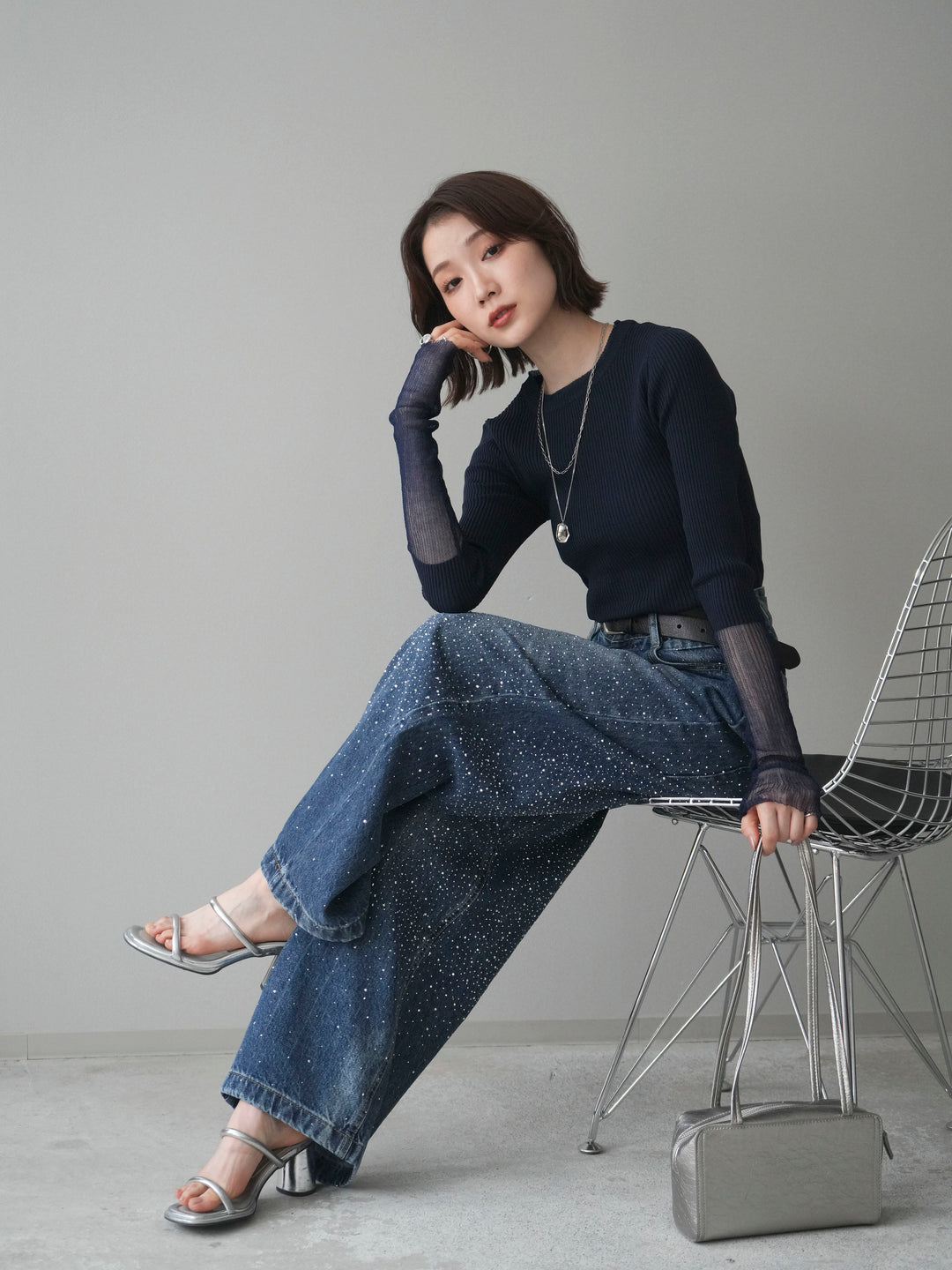 [SET]リブラメシアー切替リブニットトップス+ラインストーンカーブデニムパンツ(2set)