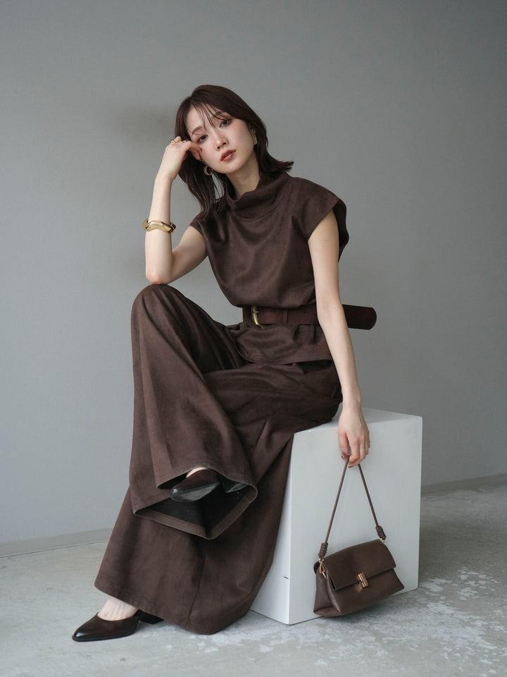 [SET]ベルト付スエードハイネックプルオーバー＆ワイドパンツSET UP