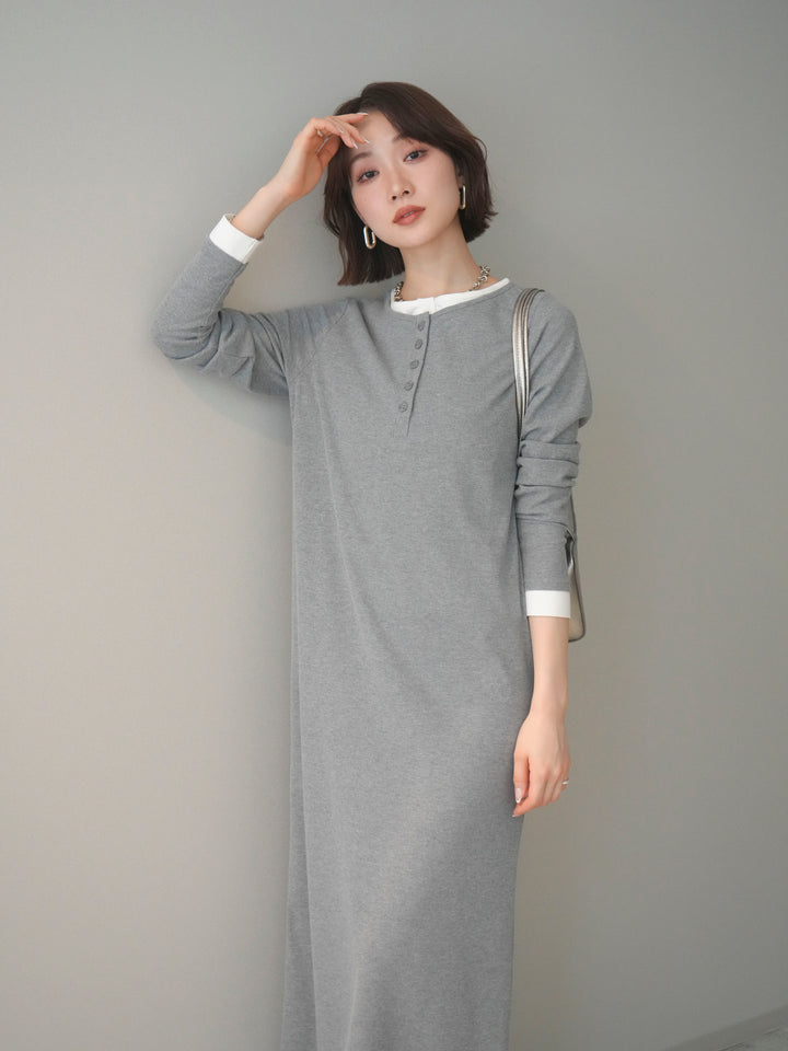 [SET]配色レイヤードヘンリーネックカットリブワンピース+選べるアクセセット(2set)