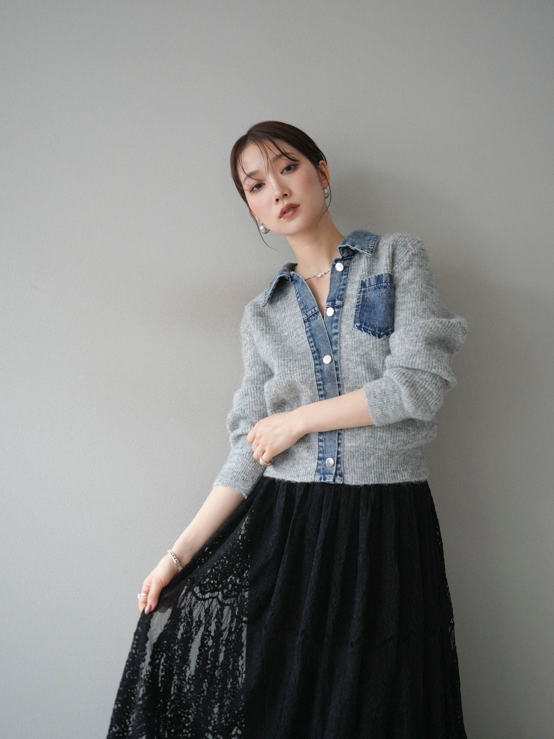 [予約]デニム襟ポケットニットカーディガン/gray