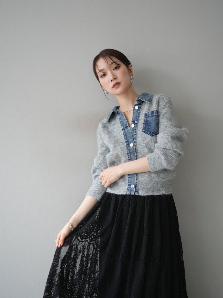 [予約]デニム襟ポケットニットカーディガン/gray