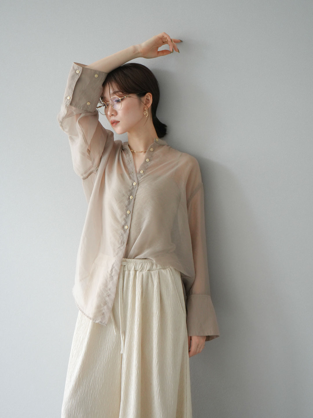 [SET] 亮面透視立領襯衫 + 柳葉寬褲 (2set)