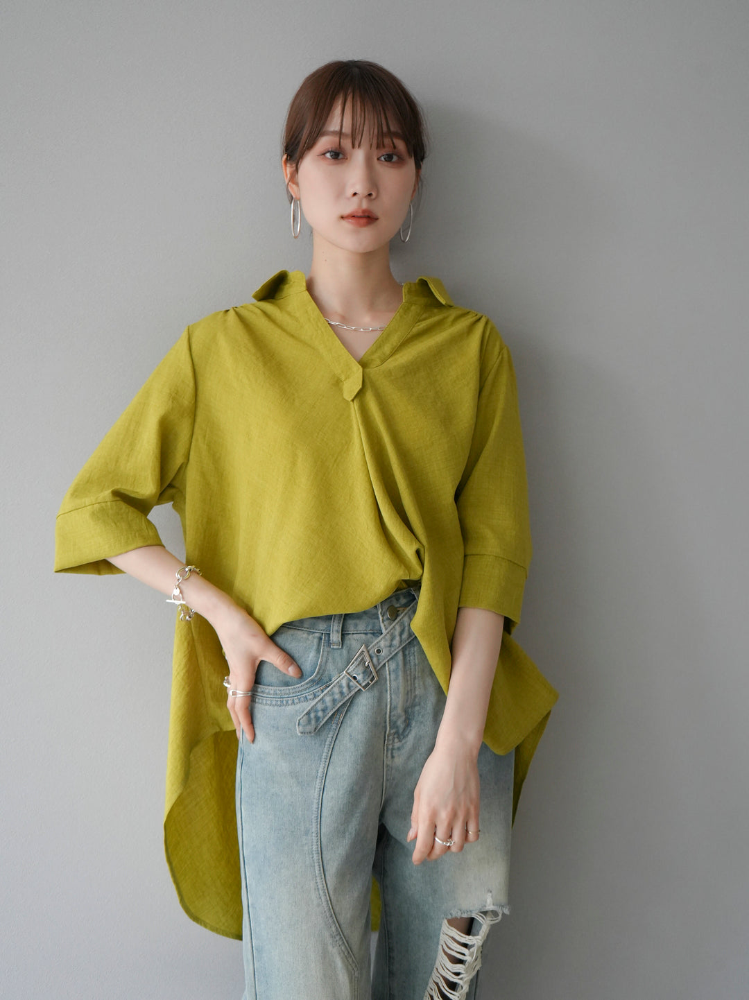 [Pre-order] Linen-touch half-sleeve skipper shirt/yellow green